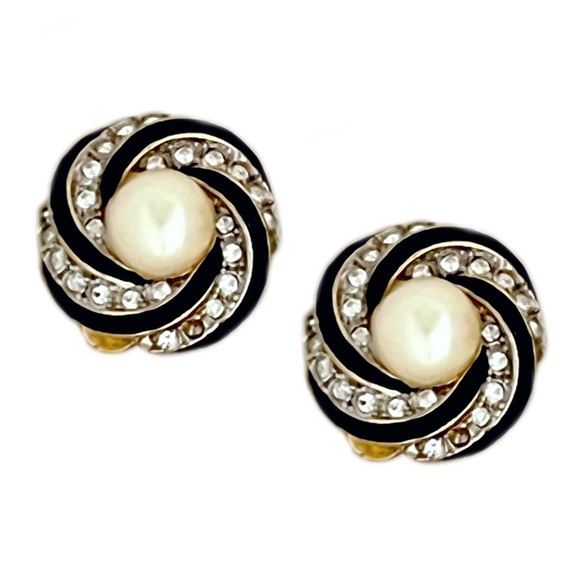 NINA RICCI • Vintage Black Rhinestone Pearl Earrings - Picture 1 of 5